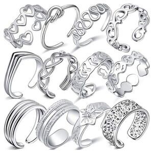 Silver Adjustable Boho Open Toe Rings - Set of 12